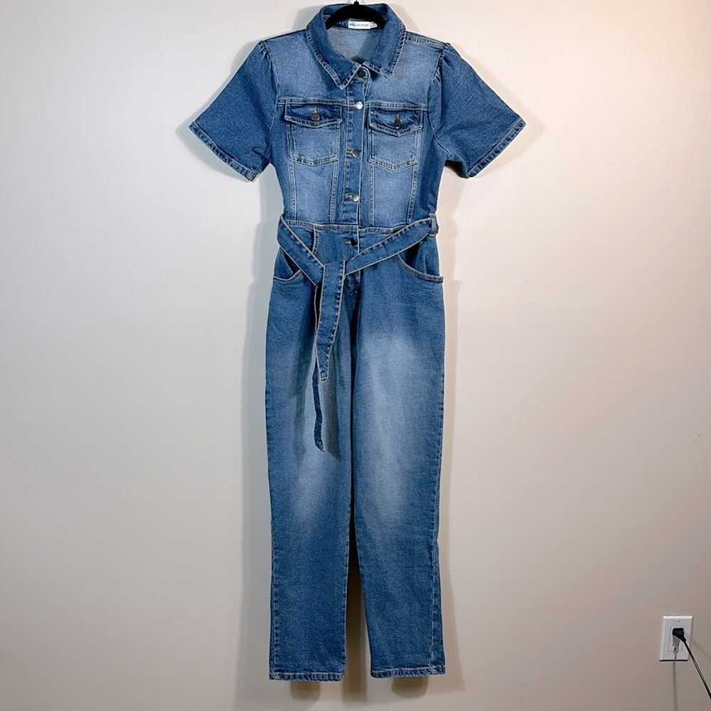 Avec Les Filles Denim Jumpsuit Shortsleeve Blue Cowgirl Cowboy Women Size 30 - Picture 2 of 11